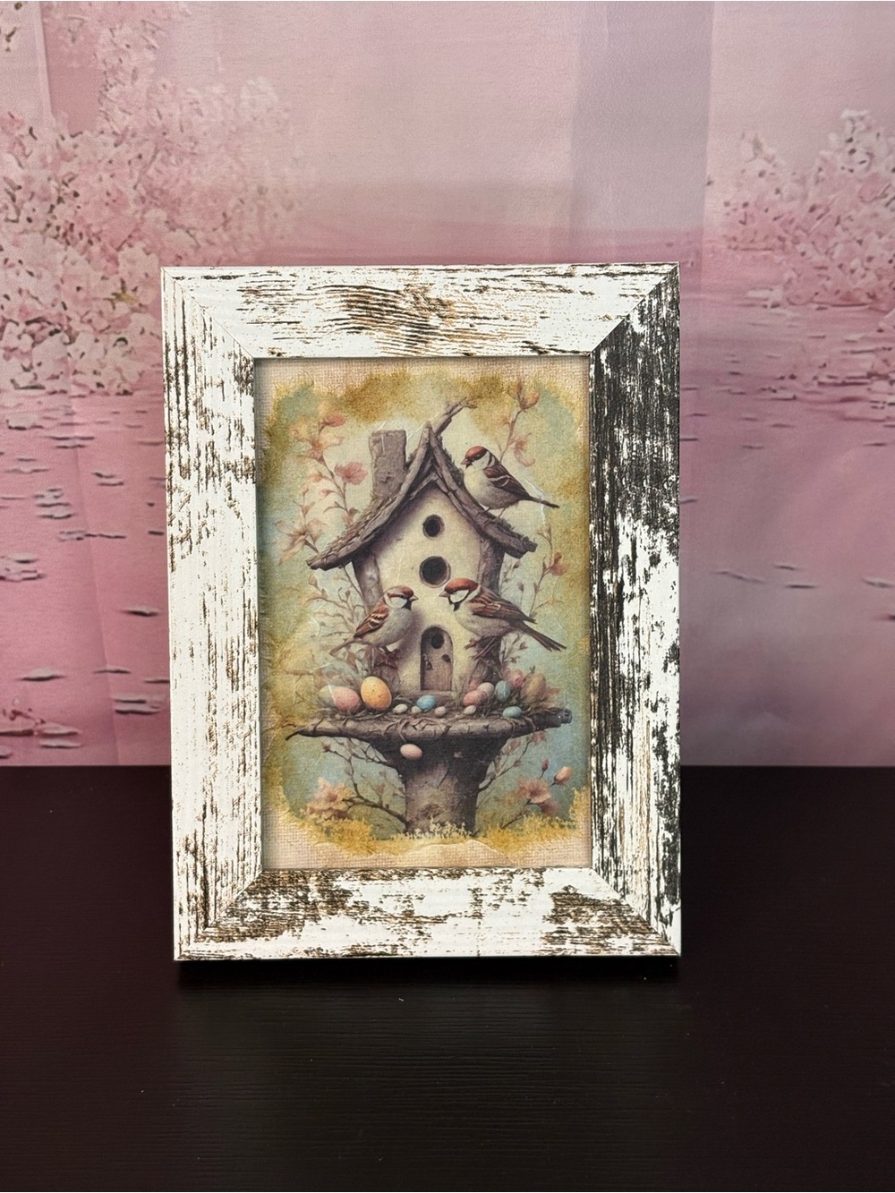 Rustic framed wall art print springtime birdhouse with sparrows and eggs. PO